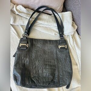 B. Makowsky Large Black Leather Shoulder Bag with Leopard Interior 17” x 14”